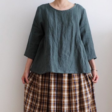 日常手作服 森林綠空氣感傘型七分袖罩衫 水洗亞麻