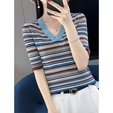 天蠶絲v領條紋針織衫短袖t恤女修身2025夏季新款百搭薄款冰絲上衣
