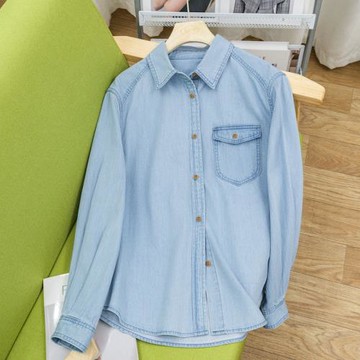 淺藍色復古牛仔襯衫女疊穿2025春秋新款長袖寬松內搭襯衣外套上衣