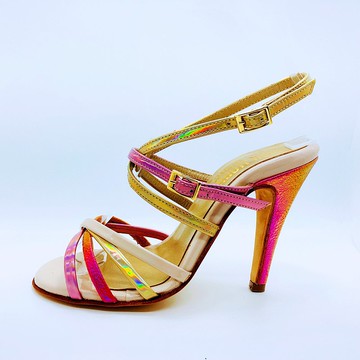 出清特惠 Hassan Dorados 金屬桃色拼接綁帶高跟涼鞋(一般楦)