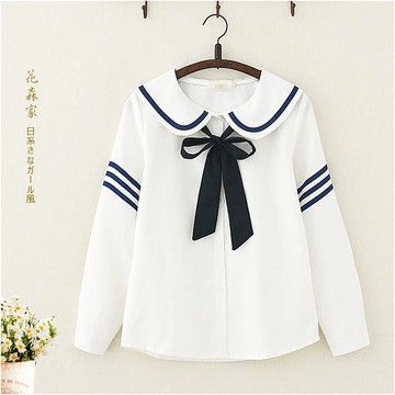 初中高中秋裝海軍領系帶長袖襯衫學生少女軟萌妹可愛貓耳打底襯衣