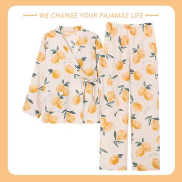 北極絨睡衣女士春秋季純棉長袖套裝甜美系帶和服薄款可外穿家居服