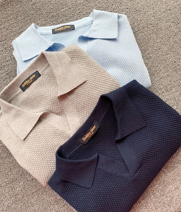 外貿原單剪標 橫機波羅針 夏季男款透氣針織翻領小V領休閑短袖T恤