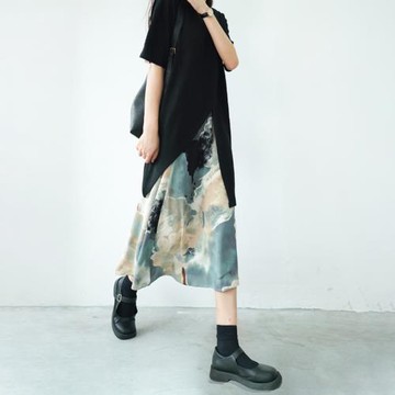 油畫風A字裙子夏天2025新款女垂感過膝中長裙復古高腰印花半身裙