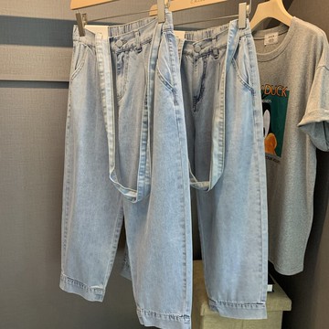 單肩牛仔背帶褲女B-19夏季新款韓版高腰顯瘦寬松九分褲闊腿褲潮