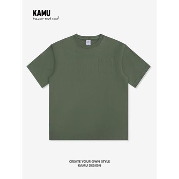 KAMU 男士復古短袖t恤男潮牌潮流日系口袋cityboy橄欖綠寬松半袖