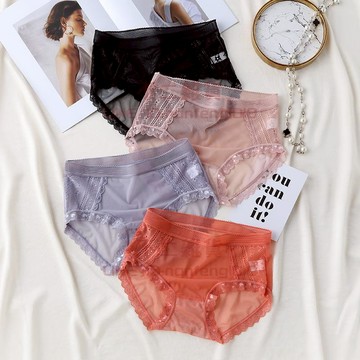 4條裝 性感蕾絲內褲女純棉透氣中腰夏季薄款無痕網紗三角短褲頭【不二雜貨】