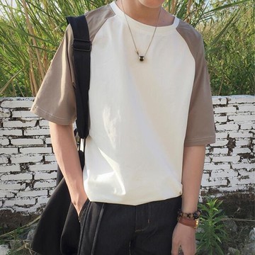 FINDSENSE品牌 時尚潮流 男 寬鬆 休閒 白色 卡其 拼色 短袖T恤 圓領T恤