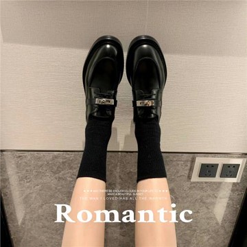 羊皮版~英倫風鎖扣樂福單鞋厚底粗跟系帶牛津小皮鞋女秋真皮女鞋