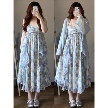 大碼胖mm溫柔甜美風高腰荷葉邊暈染閃片印花吊帶連衣裙開衫套裝女