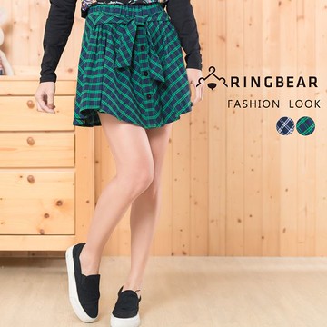 短裙--甜美學院風氣質蝴蝶結排釦裝飾鬆緊格紋褲裙(藍.綠XL-4L)-R173眼圈熊中大尺碼