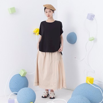 【MOSS CLUB】鏤空蕾絲拼接提花棉質長裙 藍 黑 咖