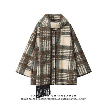 復古一體圍巾領格子毛呢外套女2026冬季寬松慵懶百搭加厚呢子大衣