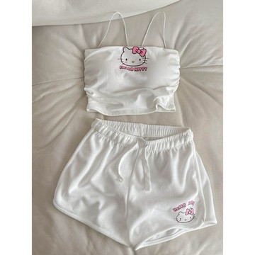 Kitty吊帶 睡衣🎀 可愛凱蒂貓帶胸墊吊帶睡衣夏天女修身甜美短褲居家服套裝運動服 吊帶背心 居家服 Kitty背心
