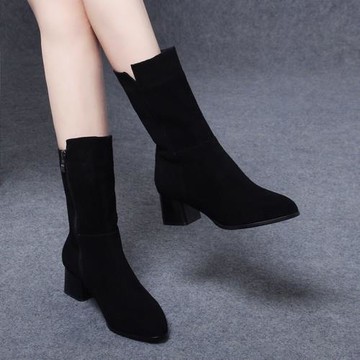 2023新款瘦瘦靴高級感羊皮顯瘦中筒靴女百搭秋冬真皮粗跟短靴子女