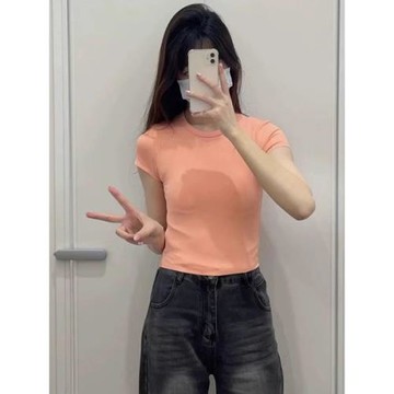 465762/474411 夏季BM風女裝修身圓領短袖高彈力辣妹短T恤打底衫