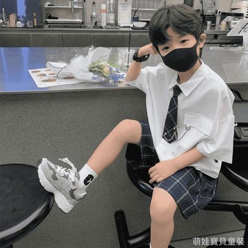 【英倫紳士風】男童套装 中大童JK薄款领带五分袖襯衫+格紋短褲两件套 男童白襯衫套裝 男童休閒套裝 男童翻領半袖短褲套裝