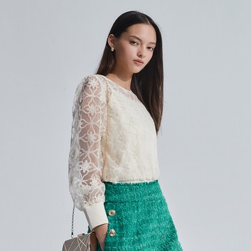 SO NICE 輕奢繡花蕾絲網紗上衣