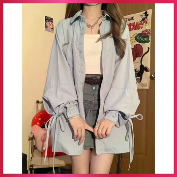『ATC』秋季薄外套女韓系藍色綁帶長袖襯衫女春秋新款寬鬆休閒百搭慵懶風設計開衫外套