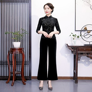 絲絨套裝旗袍復古國風黑色上下兩件套改良旗袍七分袖立領唐裝上衣鑫弘-素時衣櫥
