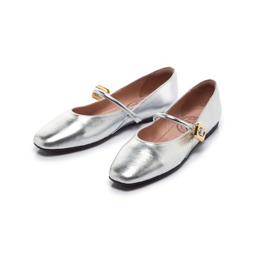 【新品】我的旅行日記  精緻飾扣漆皮平底瑪莉珍鞋 銀箔 (5B3195)