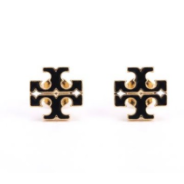 TORY BURCH 小號 雙T琺瑯金屬字母穿針式耳環(黑色)