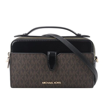 Michael Kors 滿版塗層帆布Logo 及漆皮雙拉鍊二用包(咖啡色黑色)