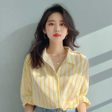 黃白色豎條紋襯衫女2024早春新款襯衣歐貨洋氣小衫爆款海邊遮陽衫 長袖襯衫 女生襯衫 休閒襯衫 遮陽衣 豎條紋襯衫