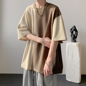 1號倉庫短袖T恤男 大碼上衣男士 夏季男生衣服 華夫格短袖t恤 男 夏季設計感 不對稱拼接撞色體恤 美式小眾復古上衣
