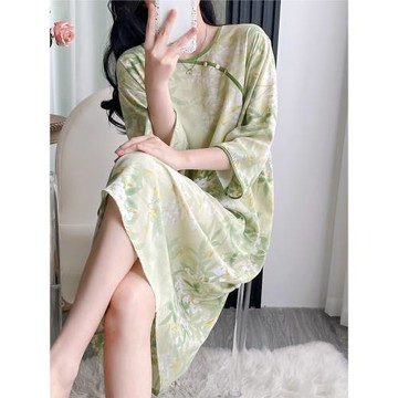 棉綢睡衣女夏季中袖睡裙大碼人造棉綿綢新中式薄款寬松家居服長裙