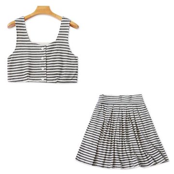 華夫格棉條紋套裝 露臍小背心+高腰半身裙 夏季新款外貿女裝31611