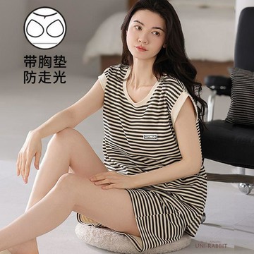 胸墊睡衣 女生睡衣 涼感睡衣 睡衣套裝夏季新款自帶胸墊女士睡衣背心坎肩短褲大碼夏天可外穿家居服套裝