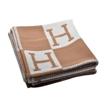 HERMES 經典Avalon系列H LOGO格紋車線滾邊羊毛大毛毯(駝色/淺米色)