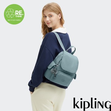 『猴子包』Kipling 霧灰松綠拉鍊掀蓋後背包-CITY PACK MINI
