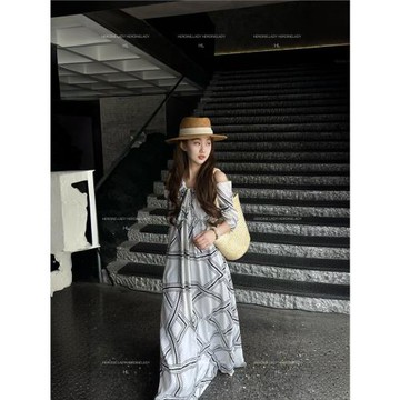 【桂馥蘭香】HL棉綢夏季高級氣質顯瘦露肩系繩寬松短袖長款連衣裙