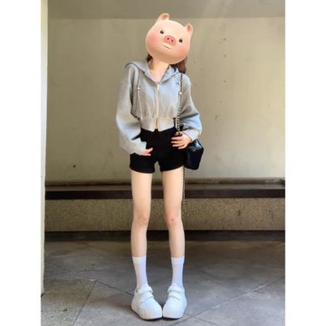 美式復古灰色運動短款連帽衛衣