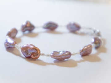 7-8mm 天然鬱金香紫色巴洛克淡水珍珍珠手鏈925 SILVER