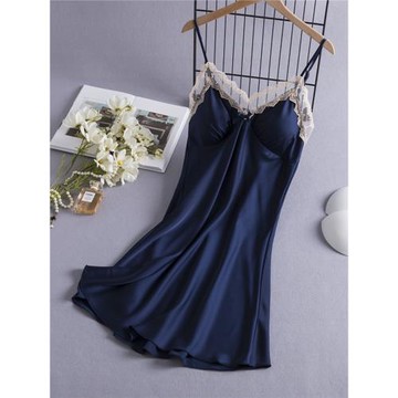 性感睡衣女2024年新款夏季薄款冰絲綢蕾絲邊純色吊帶睡衣裙帶胸墊