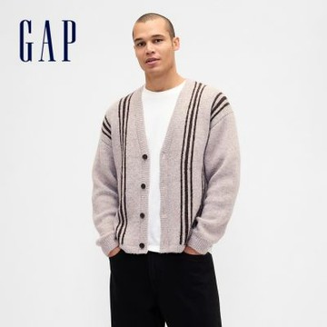 【GAP】男裝|V領針織外套-卡其條紋(839237)