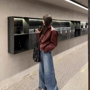 【高級感拉鍊防風】秋冬新款 皮衣外套女 皮衣外套男 短款皮夾克 短版皮衣外套 春秋美拉德PU皮外套 休閒短款 小個子紅色