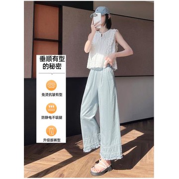 藏藍色蕾絲花邊冰絲闊腿褲女夏季2026新款小個子鏤空寬松山本褲子