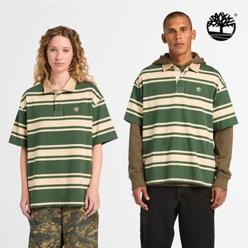 Timberland官方旗艦 中性松綠色寬版條紋短袖橄欖球Polo衫|A5SQKADX