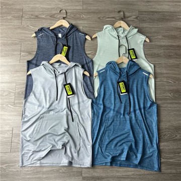 外貿美單尾貨網眼透氣速干高彈男子夏季無袖訓練運動健身連帽背心