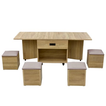 IHouse-團圓 1桌4椅 移動功能小茶几/餐桌/蝴蝶桌古橡