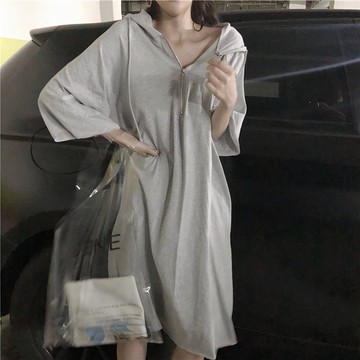 【顯瘦遮肉】胖MM 300斤 連衣裙 女 2026 夏季 新款 韓版 寬鬆 顯瘦 七分袖 連帽 中長款 裙 連身裙 裙子