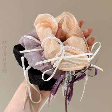 🔥2件9折🍊臺北出貨🍊可開發票靜謐星空！藍色蝴蝶珍珠大腸髮圈！高級感緞面頭繩扎馬尾盤發器女