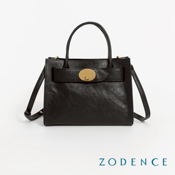ZODENCE MONA義大利植鞣革橫飾皮帶手提斜背包 深邃黑