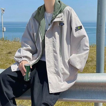 假兩件外套男春秋季韓版潮牌寬鬆連帽夾克港風BF潮流帥氣百搭上衣防風 防潑水 潮流 連帽外套 外套