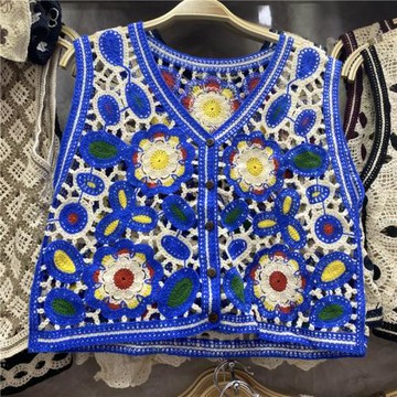 鞠婧祎同款花朵民族風馬甲鏤空女背心復古無袖針織小坎肩外搭外套