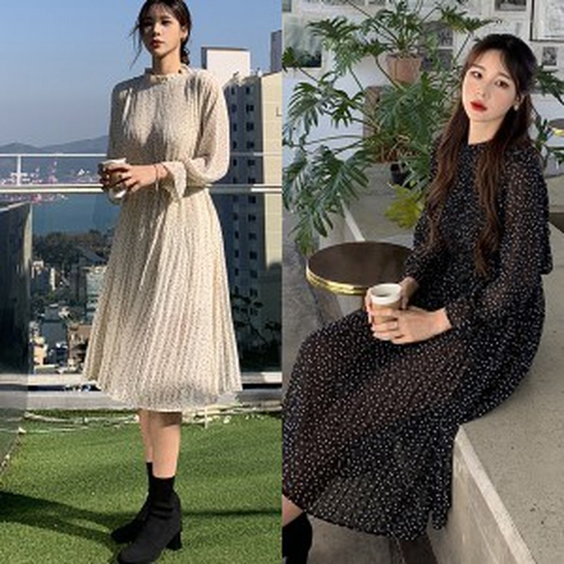ドット柄 ワンピース バンドカラー フリルネック シフォンワンピ ドット 長袖 ふんわり袖 ひざ丈 白 ワンピ 春 プリーツ しわ加工 ウエス 通販 Lineポイント最大1 0 Get Lineショッピング